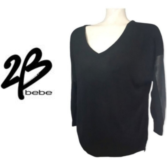 2B bebe black vneck faux leather patch sleeved hi/lo sweater size large - Picture 8 of 8